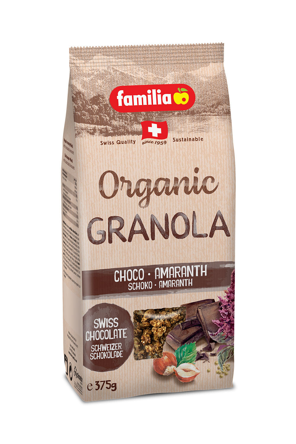 オーガニック　チョコ＆アマランサス　グラノーラ、375g、プチプチした食感が楽しいスーパーフードのアマランサス入りでザクザクッと食べ応えあり